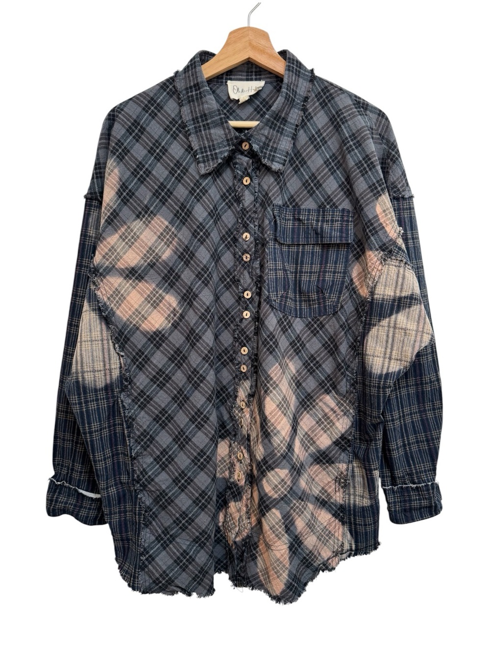 Oli & Hali Oversized Flower Print Plaid Flannel Button Down Shirt Top Women S